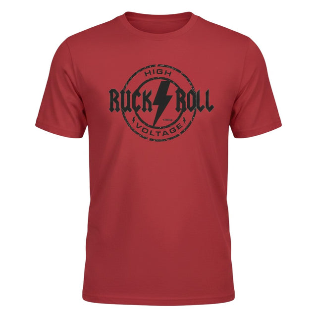 Ruggers Rugby Supply red tri-blend t-shirt featuring a black Ruck and Roll High Voltage graphic design