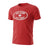Ruggers Rugby Supply red t-shirt featuring a white distressed Give Blood Play Rugby logo with a cross symbol.
