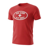 Ruggers Rugby Supply red t-shirt featuring a white distressed Give Blood Play Rugby logo with a cross symbol.