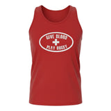 Ruggers Rugby Supply red unisex tank top with white distressed Give Blood Play Rugby logo graphic