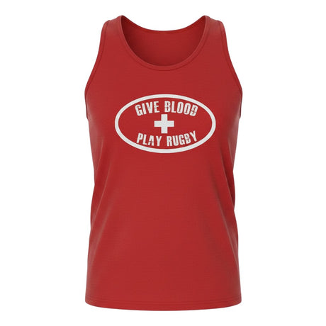 Ruggers Rugby Supply red unisex tank top with white distressed Give Blood Play Rugby logo graphic