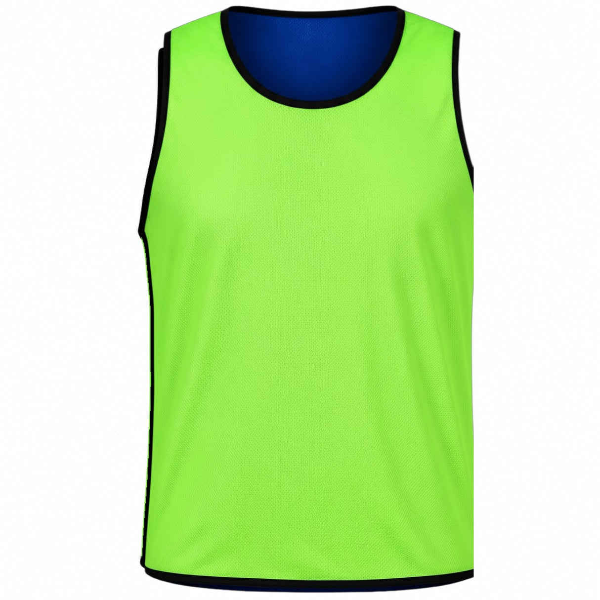 Ruggers Rugby Supply reversible rugby pinnie in safety green with black logo, reversing to royal blue.