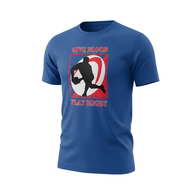 Ruggers Rugby Supply royal blue tri-blend t-shirt featuring a Give Blood Play Rugby graphic logo on the chest.