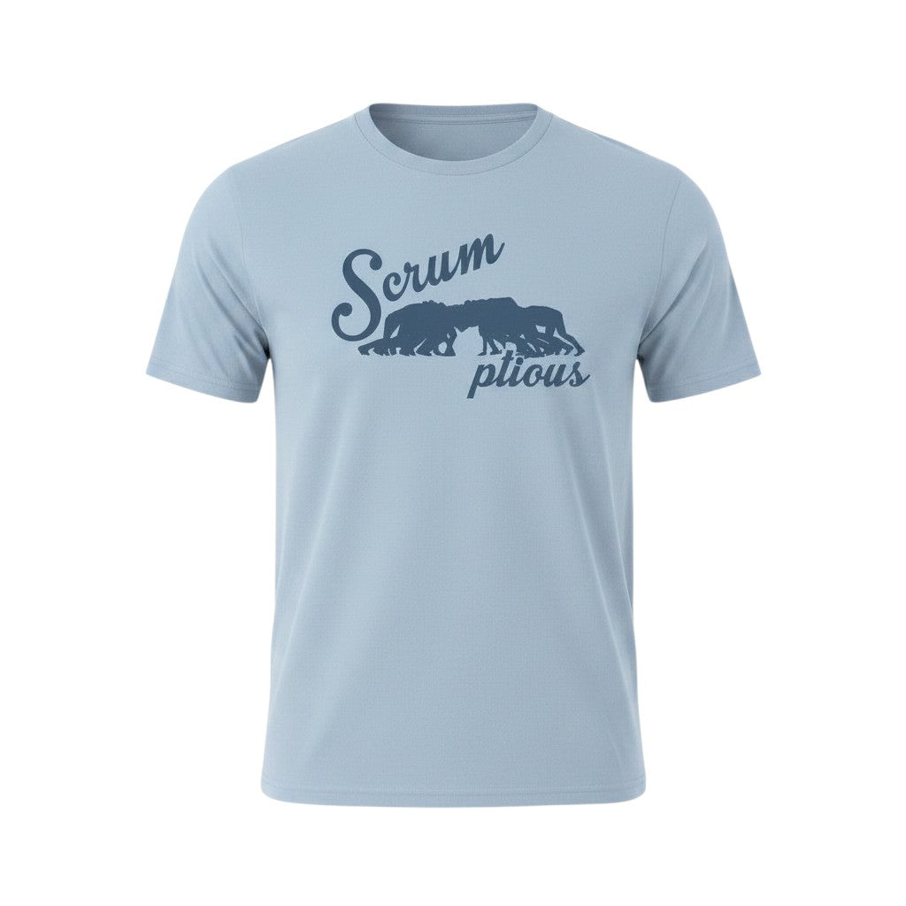 Ruggers Rugby Supply unisex light blue tri-blend t-shirt featuring a navy blue Scrumptious rugby scrum graphic