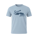 Ruggers Rugby Supply unisex light blue tri-blend t-shirt featuring a navy blue Scrumptious rugby scrum graphic