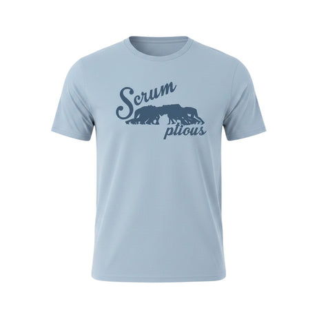 Ruggers Rugby Supply unisex light blue tri-blend t-shirt featuring a navy blue Scrumptious rugby scrum graphic