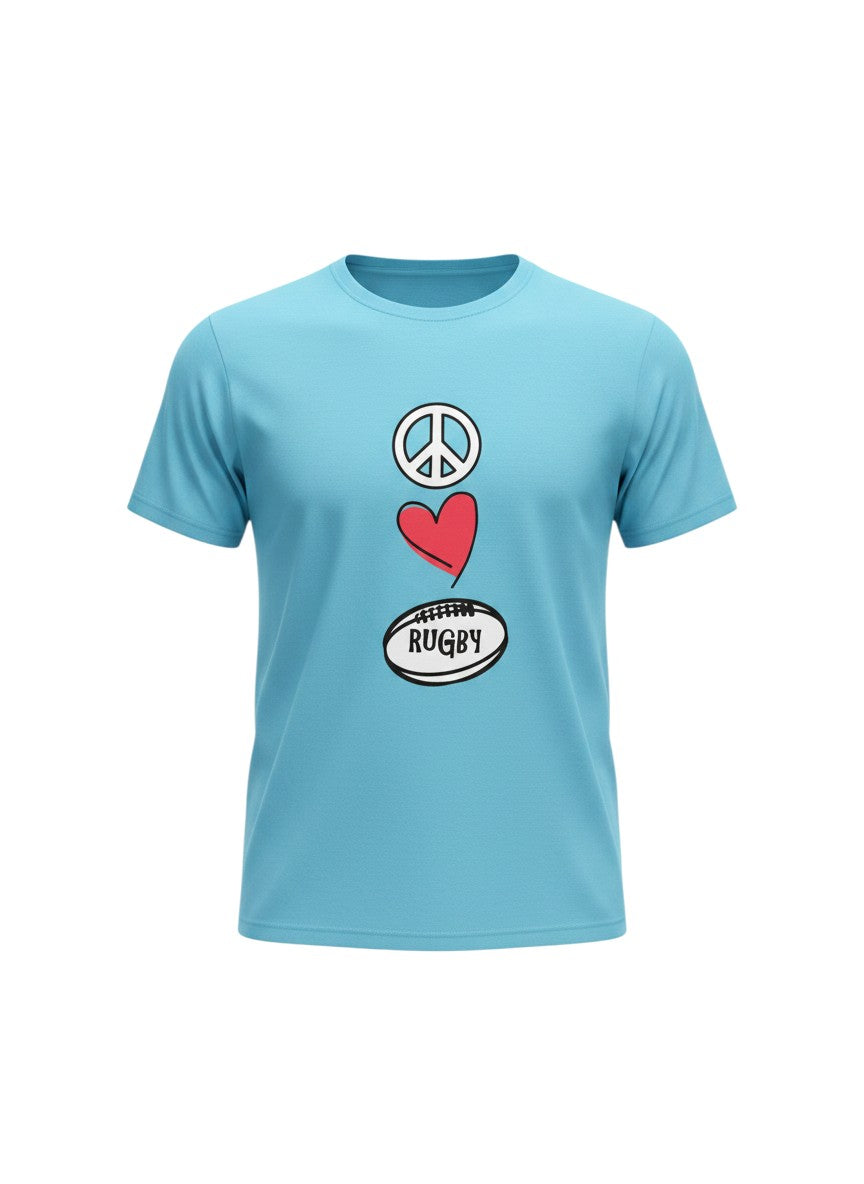 Ruggers Rugby Supply sky blue t-shirt featuring a Peace Love Rugby graphic with a peace sign, heart, and rugby ball.