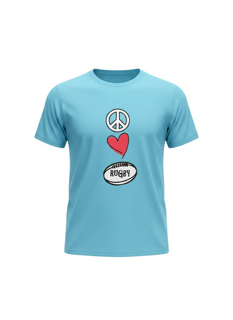 Ruggers Rugby Supply sky blue t-shirt featuring a Peace Love Rugby graphic with a peace sign, heart, and rugby ball.