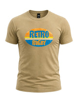 Ruggers Rugby Supply tan crew neck t-shirt with a vintage-style oval graphic featuring Retro Rugby text