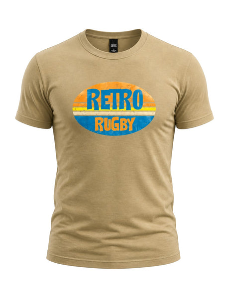 Ruggers Rugby Supply tan crew neck t-shirt with a vintage-style oval graphic featuring Retro Rugby text