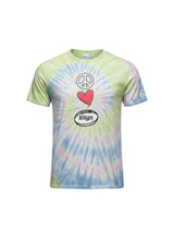 Ruggers Rugby Supply tie-dye t-shirt featuring a peace sign, heart, and rugby ball graphic in pastel colors.