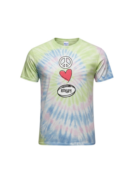 Ruggers Rugby Supply tie-dye t-shirt featuring a peace sign, heart, and rugby ball graphic in pastel colors.