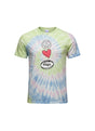 Ruggers Rugby Supply tie-dye t-shirt featuring a peace sign, heart, and rugby ball graphic in pastel colors.