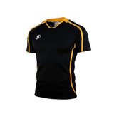 Ruggers Rugby Supply Warrior II black and gold performance rugby jersey with breathable mesh side panels