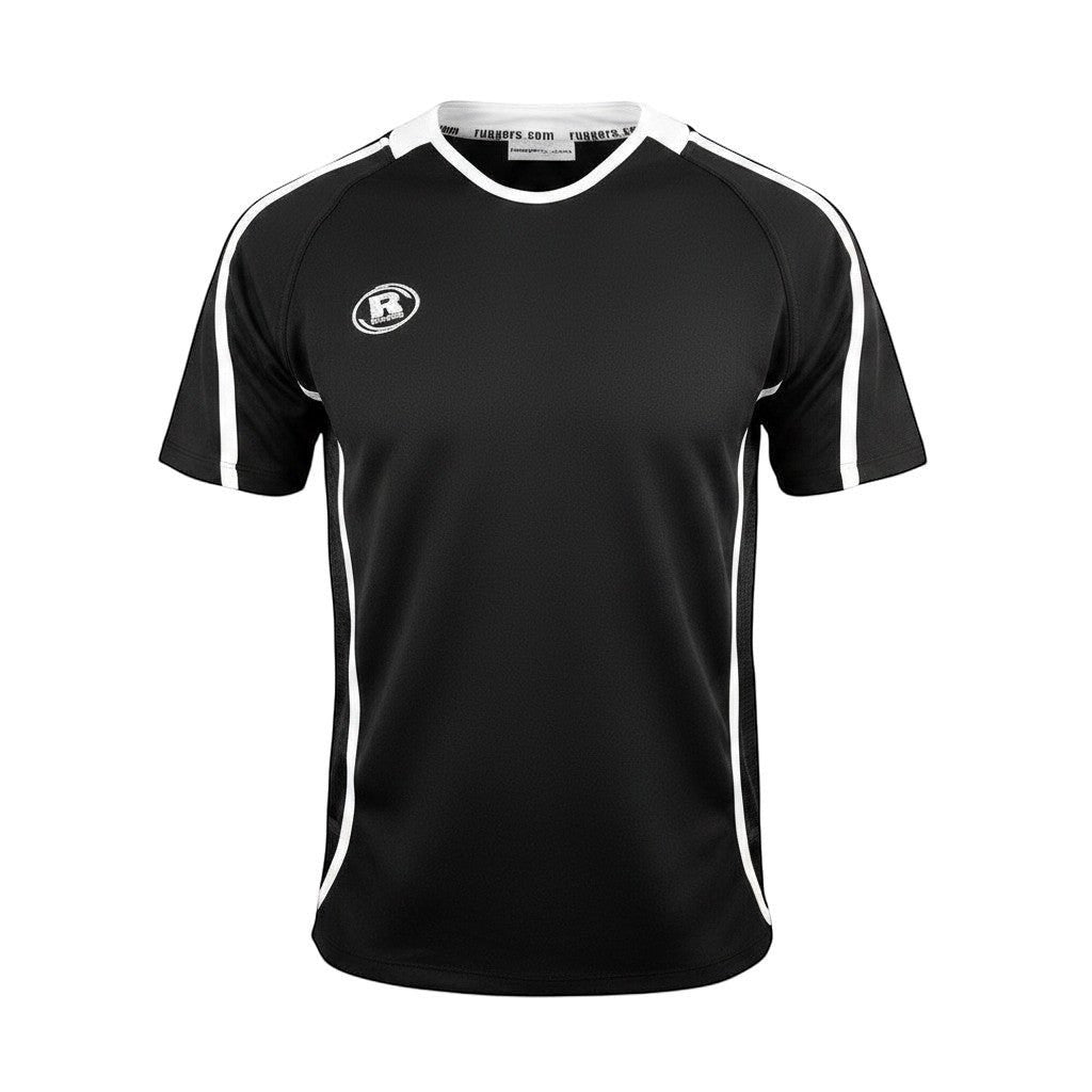 Ruggers Rugby Supply Warrior II black performance rugby jersey with white mesh side panels and a simplified collar.