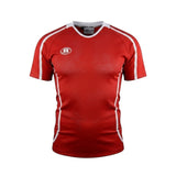 Ruggers Rugby Supply Warrior II red performance rugby jersey with white trim, mesh side panels, and v-neck collar.
