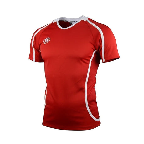 Ruggers Rugby Supply Warrior II red performance rugby jersey with white side panels and a snug athletic fit.