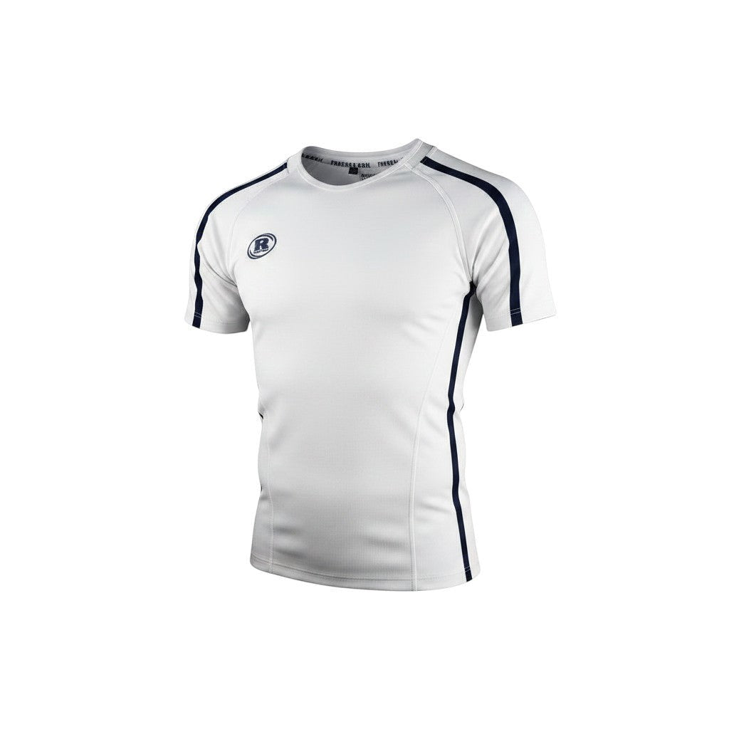 Ruggers Rugby Supply Warrior II white performance rugby jersey with navy side panels and moisture-wicking fabric.