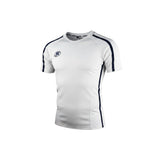 Ruggers Rugby Supply Warrior II white performance rugby jersey with navy side panels and moisture-wicking fabric.