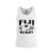 Ruggers Rugby Supply white unisex tank top featuring a black Fiji Rugby logo with a palm tree and tribal patterns.