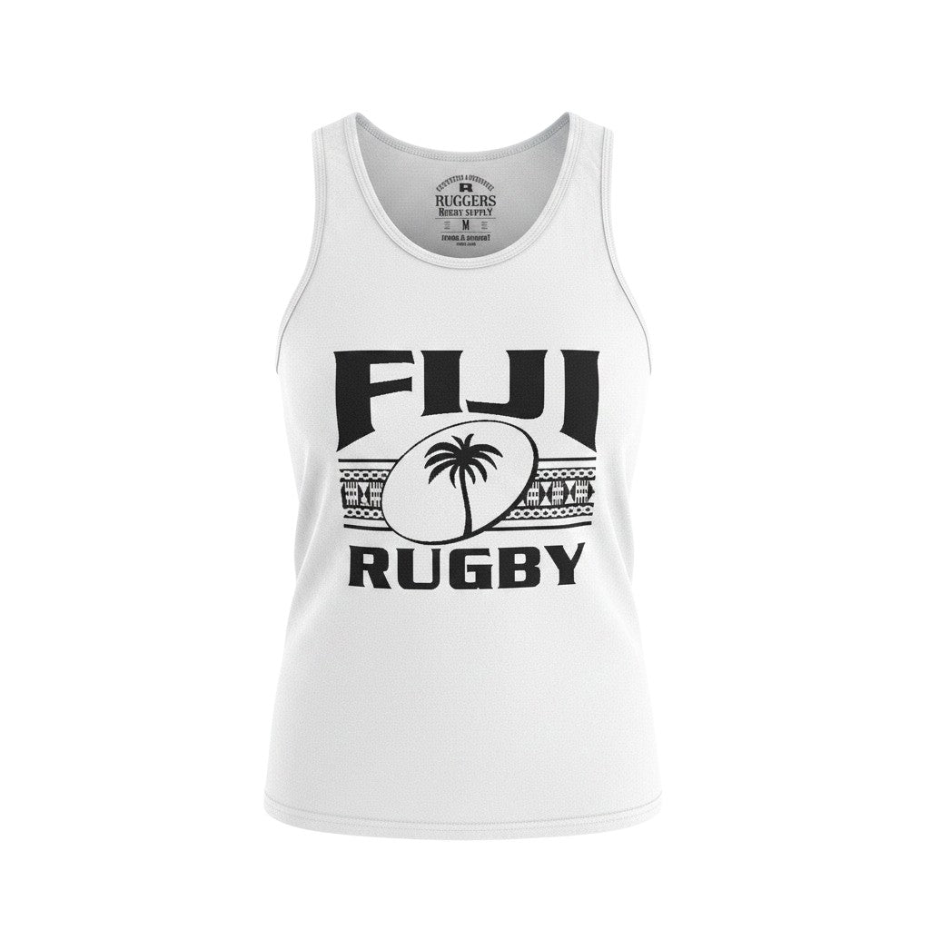 Ruggers Rugby Supply white unisex tank top featuring a black Fiji Rugby logo with a palm tree and tribal patterns.