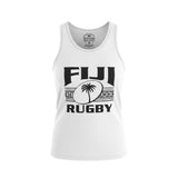 Ruggers Rugby Supply white unisex tank top featuring a black Fiji Rugby logo with a palm tree and tribal patterns.