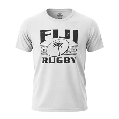 Ruggers Rugby Supply white short-sleeve tri-blend t-shirt with black Fiji Rugby logo and palm tree graphic