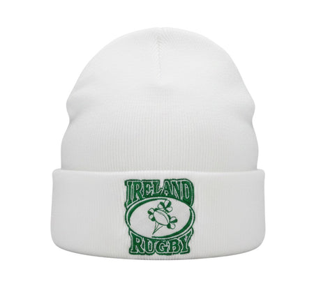 Ruggers Rugby Supply white cuffed beanie with green Ireland Rugby embroidery for gameday wear.