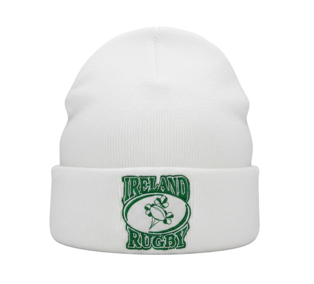 Ruggers Rugby Supply white cuffed beanie with green Ireland Rugby embroidery for gameday wear.