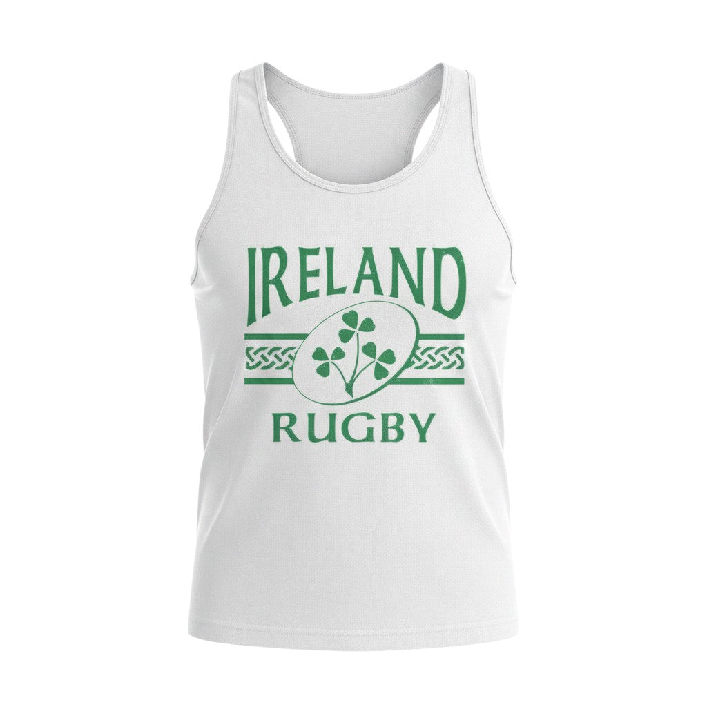 Ruggers Rugby Supply white unisex tank top featuring a green Ireland Rugby logo with a shamrock and Celtic knotwork.