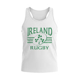 Ruggers Rugby Supply white unisex tank top featuring a green Ireland Rugby logo with a shamrock and Celtic knotwork.