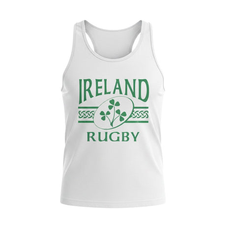 Ruggers Rugby Supply white unisex tank top featuring a green Ireland Rugby logo with a shamrock and Celtic knotwork.