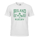 Ruggers Rugby Supply white short sleeve t-shirt with green Ireland Rugby logo and shamrock graphic