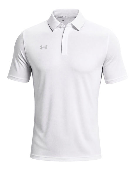 Ruggers Rugby Supply white Under Armour moisture-wicking polo shirt with a rib knit collar and retail fit