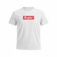 Ruggers Rugby Supply white tri-blend unisex t-shirt with a red Rugby Supreme logo on the chest