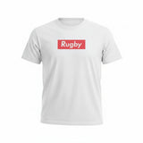 Ruggers Rugby Supply white tri-blend unisex t-shirt with a red Rugby Supreme logo on the chest