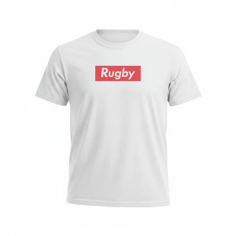 Ruggers Rugby Supply white tri-blend unisex t-shirt with a red Rugby Supreme logo on the chest
