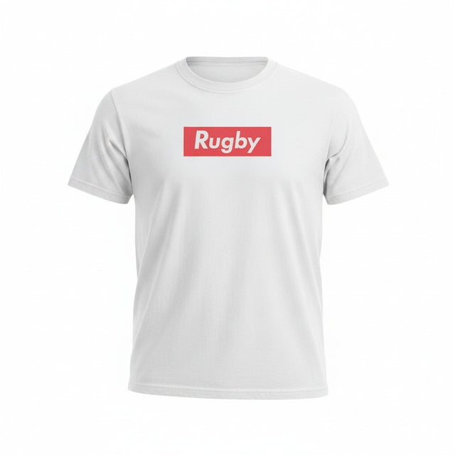 Ruggers Rugby Supply white tri-blend unisex t-shirt with a red Rugby Supreme logo on the chest
