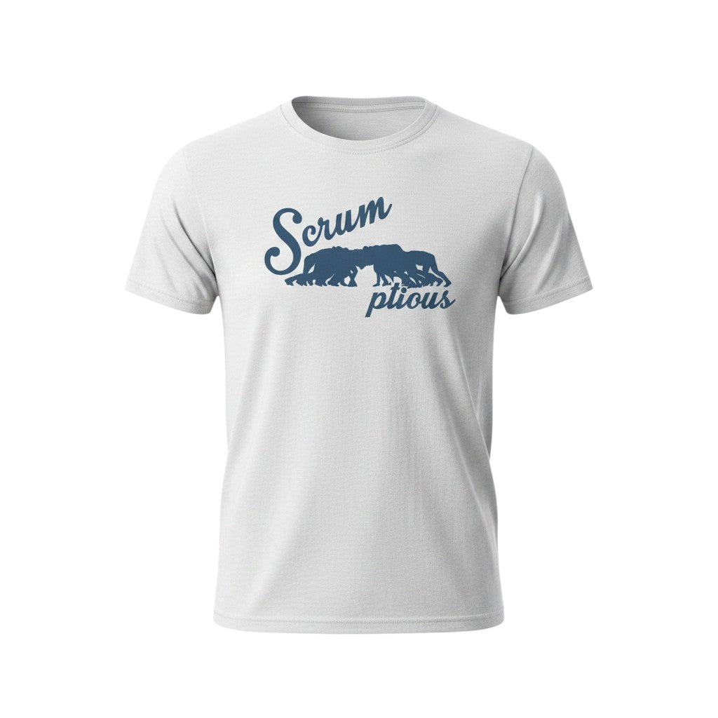 Ruggers Rugby Supply white tri-blend unisex t-shirt with blue Scrumptious rugby scrum graphic print