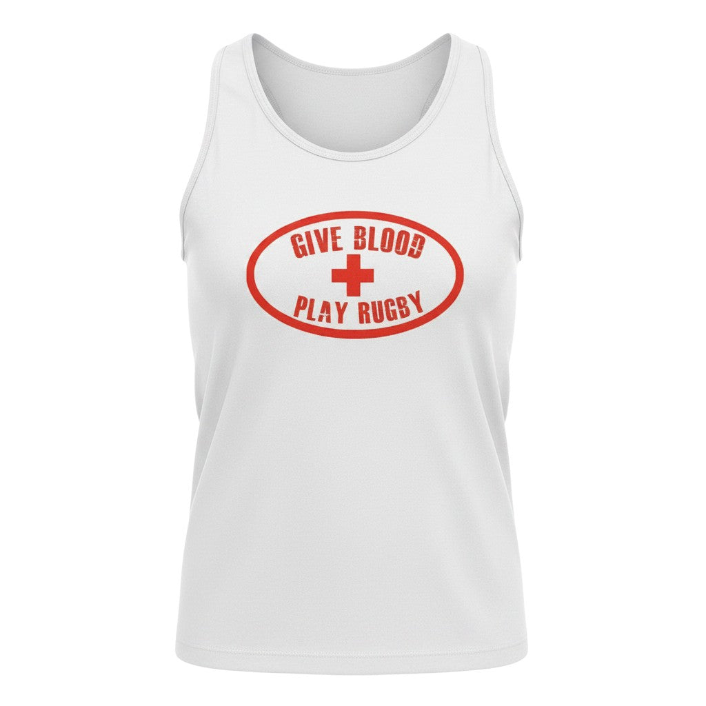 Ruggers Rugby Supply white unisex tank top with a red distressed Give Blood Play Rugby logo graphic