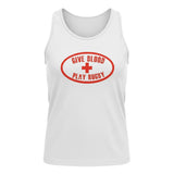 Ruggers Rugby Supply white unisex tank top with a red distressed Give Blood Play Rugby logo graphic
