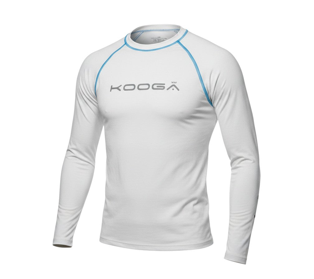 Ruggers Rugby Supply white KooGa long sleeve thermal compression shirt with blue flatlock seams and chest logo.
