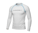 Ruggers Rugby Supply white KooGa long sleeve thermal compression shirt with blue flatlock seams and chest logo.