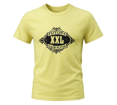 Ruggers Rugby Supply yellow heavyweight cotton youth t-shirt with black Future XXL Rugby Player graphic print